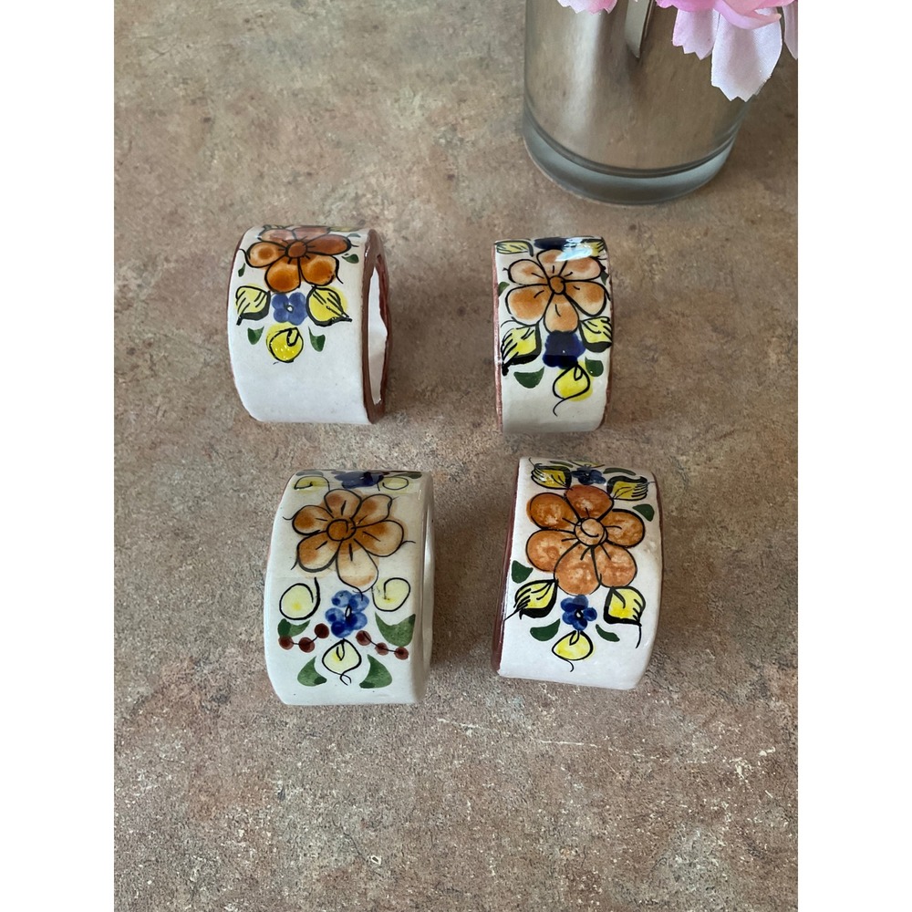 4 Mexican Talavera Pottery Napkin Rings Hand Painted Floral Ceramic Folk Art Set